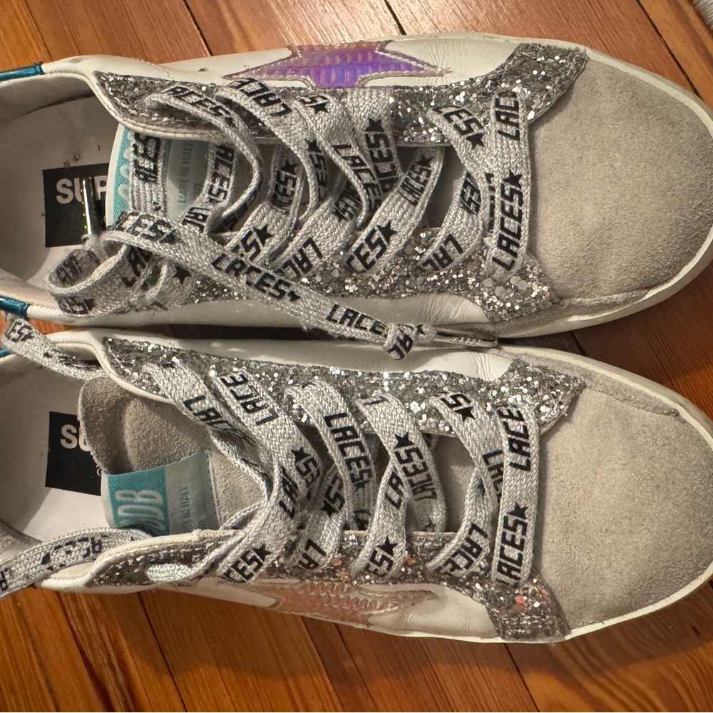 Golden Goose White and Blue Glitter Sneakers - Picture 6 of 14